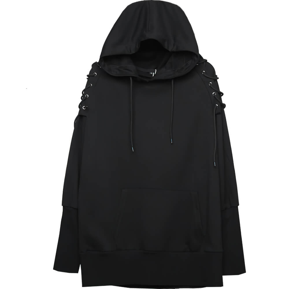 Loose Black Hooded Sweatshirt for Men and Women / Stylish Hoodie with Laces on Shoulders - HARD'N'HEAVY