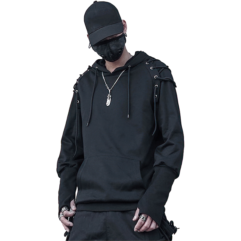 Stylish black hooded sweatshirt for men with unique lace detail on shoulders, perfect for a chic, casual look.