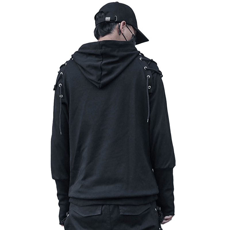 Stylish black hooded sweatshirt for men featuring unique lace details on shoulders, perfect for a casual-chic look.