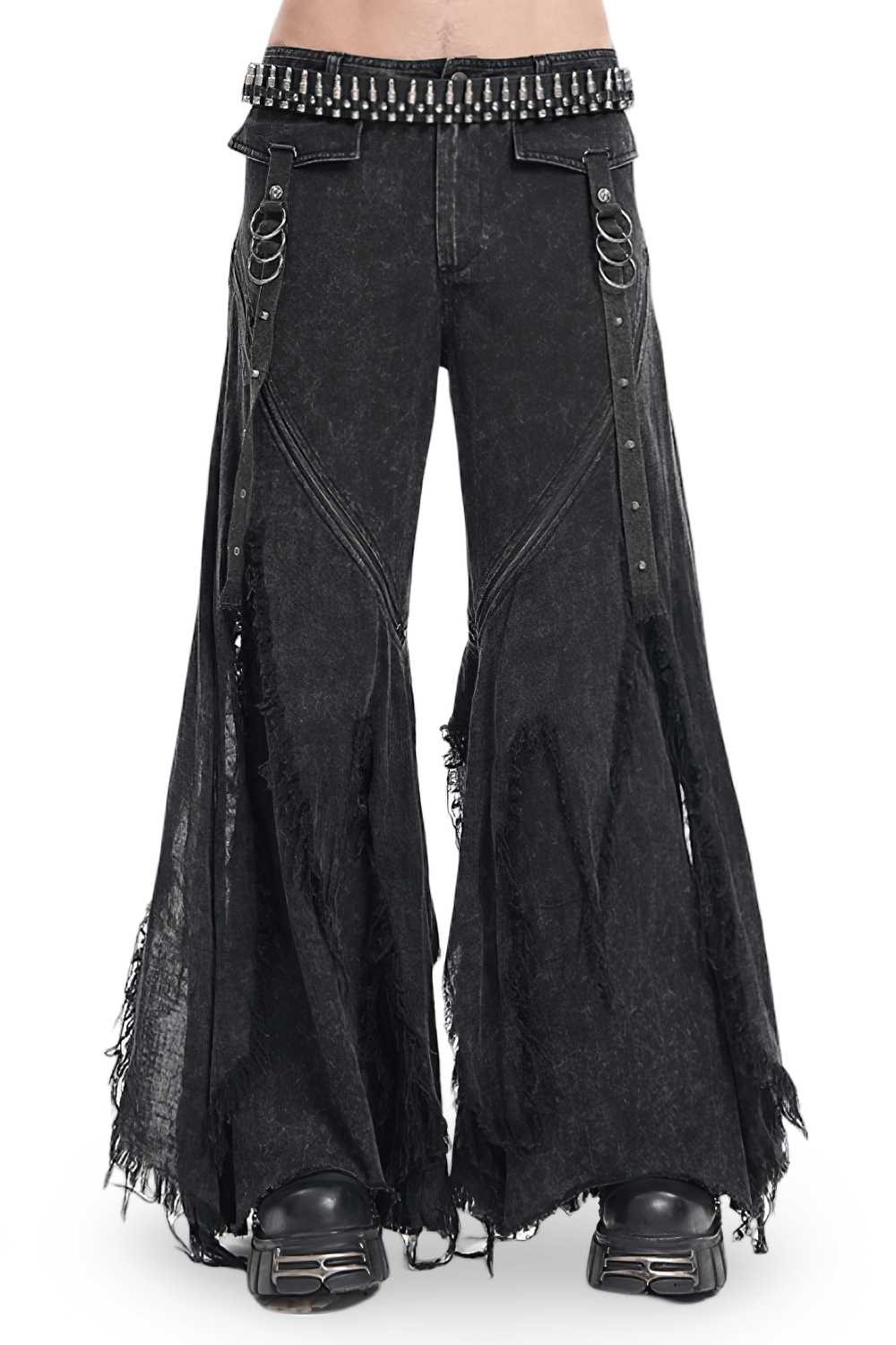 Loose distressed wide-leg jeans with edgy details for stylish urban looks. Perfect for casual outfits and streetwear fashion.