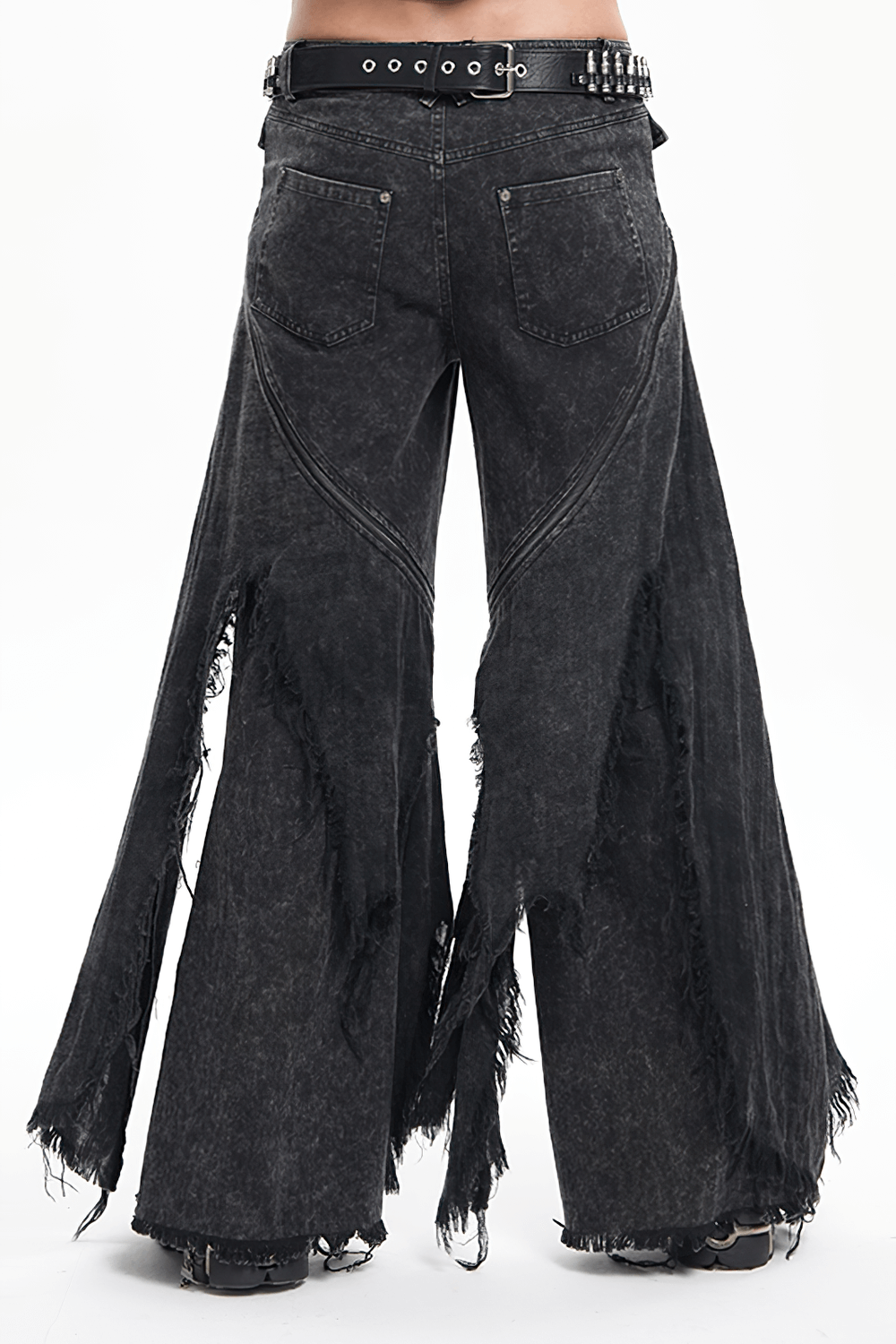 Back view of stylish wide-leg distressed black jeans with frayed edges, perfect for casual urban outfits.