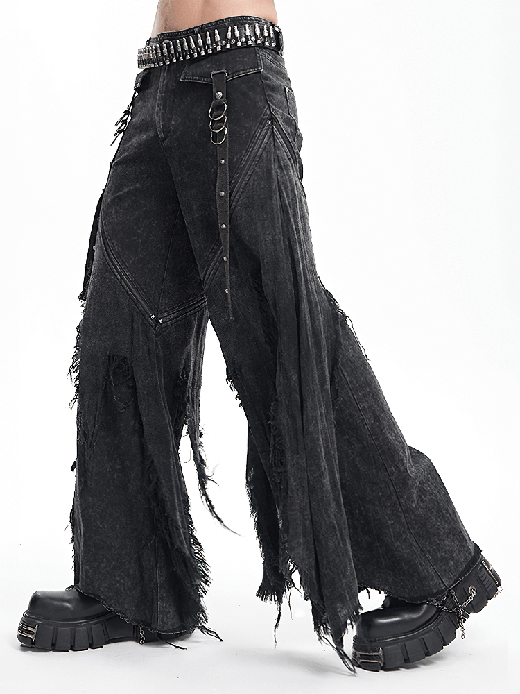 Stylish wide-leg distressed black jeans for men, featuring torn details and a trendy urban look. Perfect for casual outings!