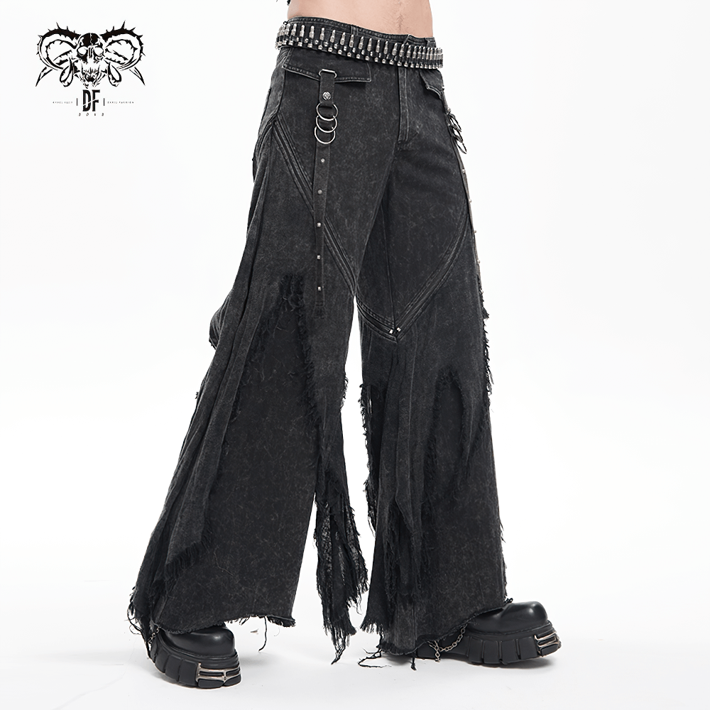 Stylish wide-leg distressed jeans with torn details, perfect for urban streetwear outfits and casual looks.