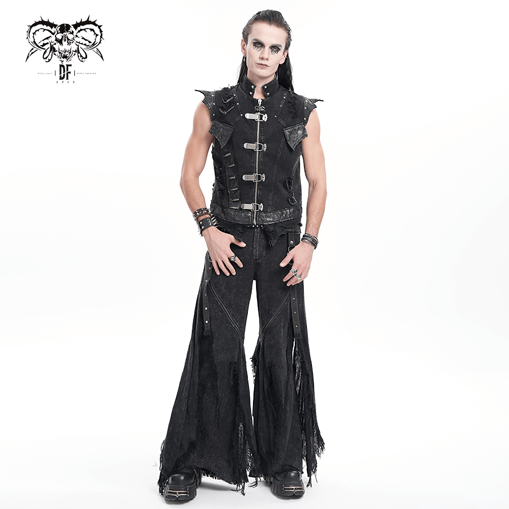 Stylish model in black distressed vest and flared pants, showcasing edgy urban fashion for bold streetwear looks.