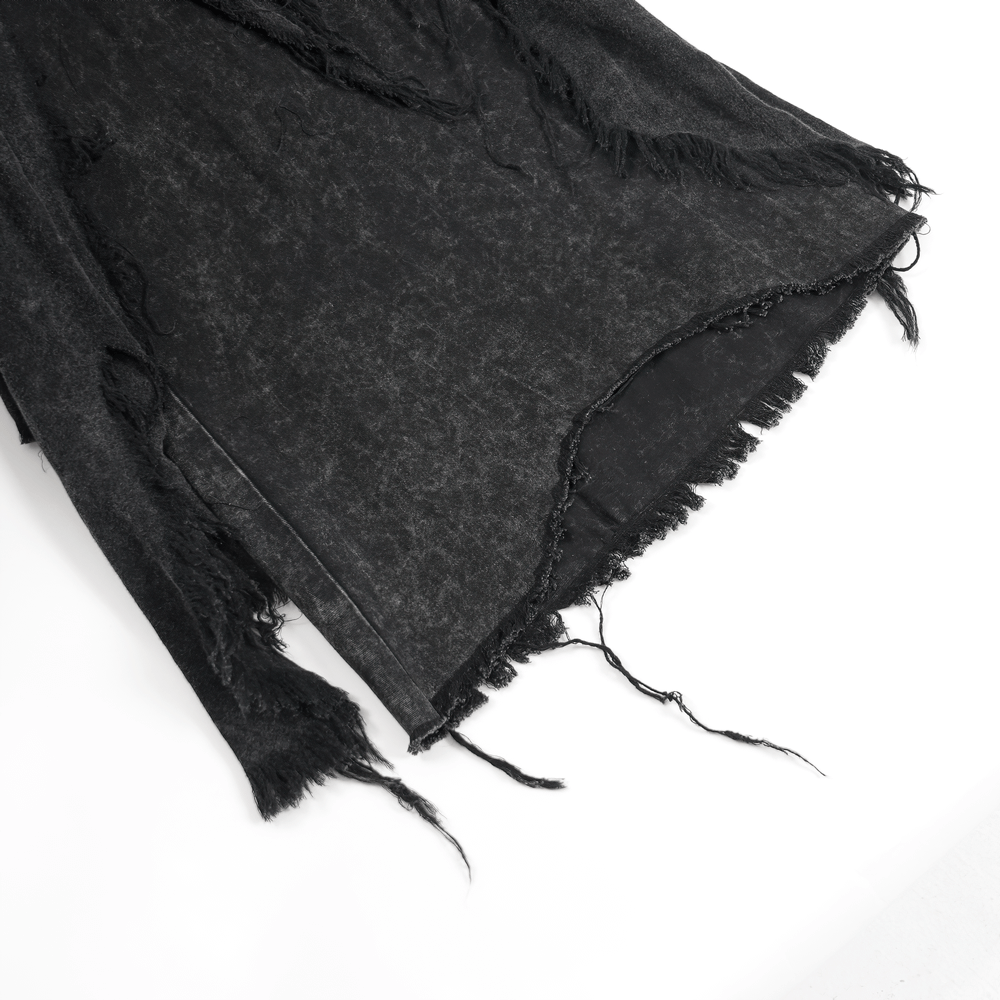 Black distressed wide-leg jeans with torn edges, perfect for casual urban style and trendy streetwear outfits.