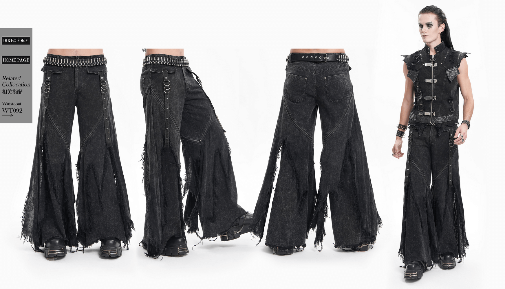 Stylish black wide-leg distressed jeans with edgy details, perfect for a bold urban look and relaxed style.