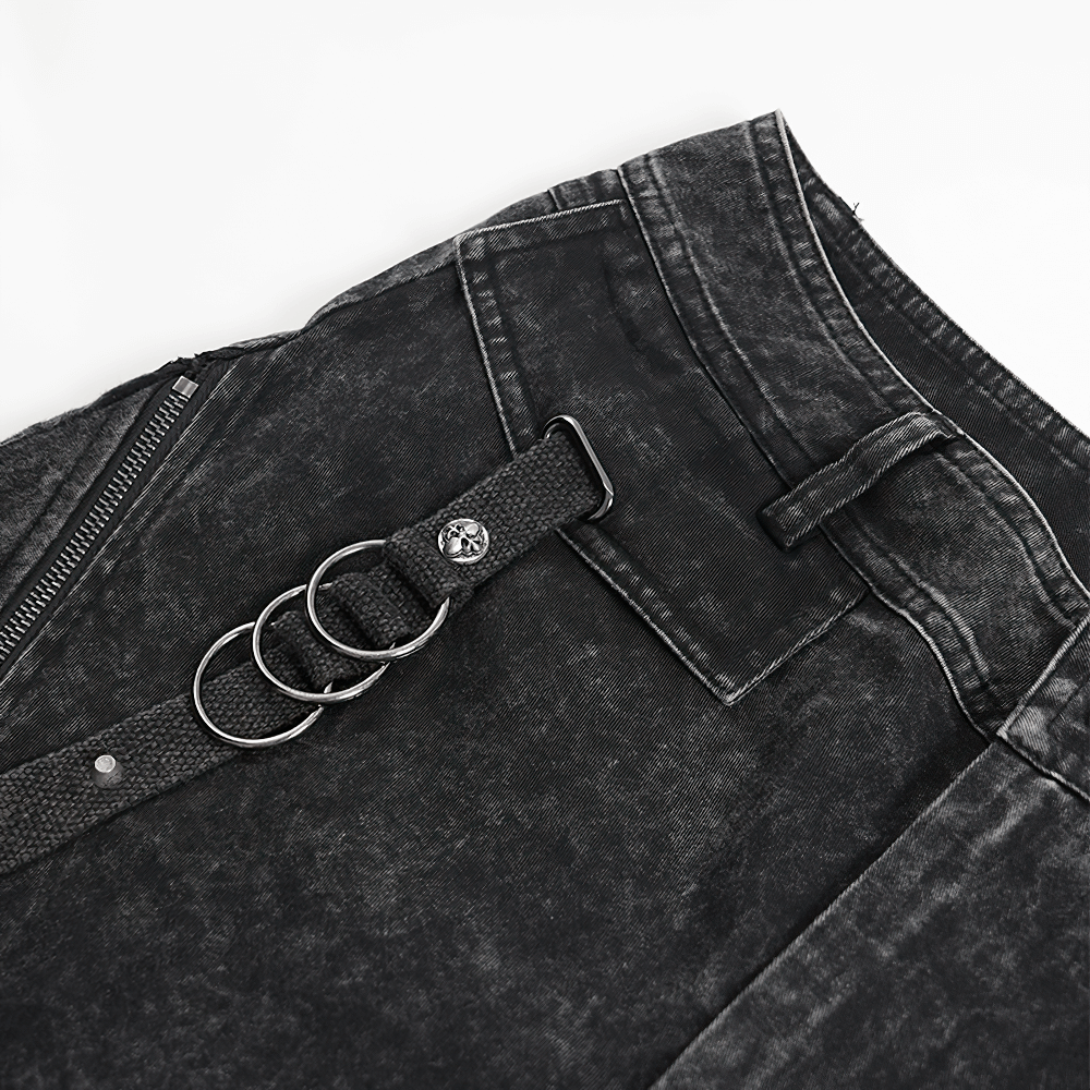 Stylish wide-leg distressed jeans with unique strap and metal rings for a trendy casual look. Perfect for urban adventures!