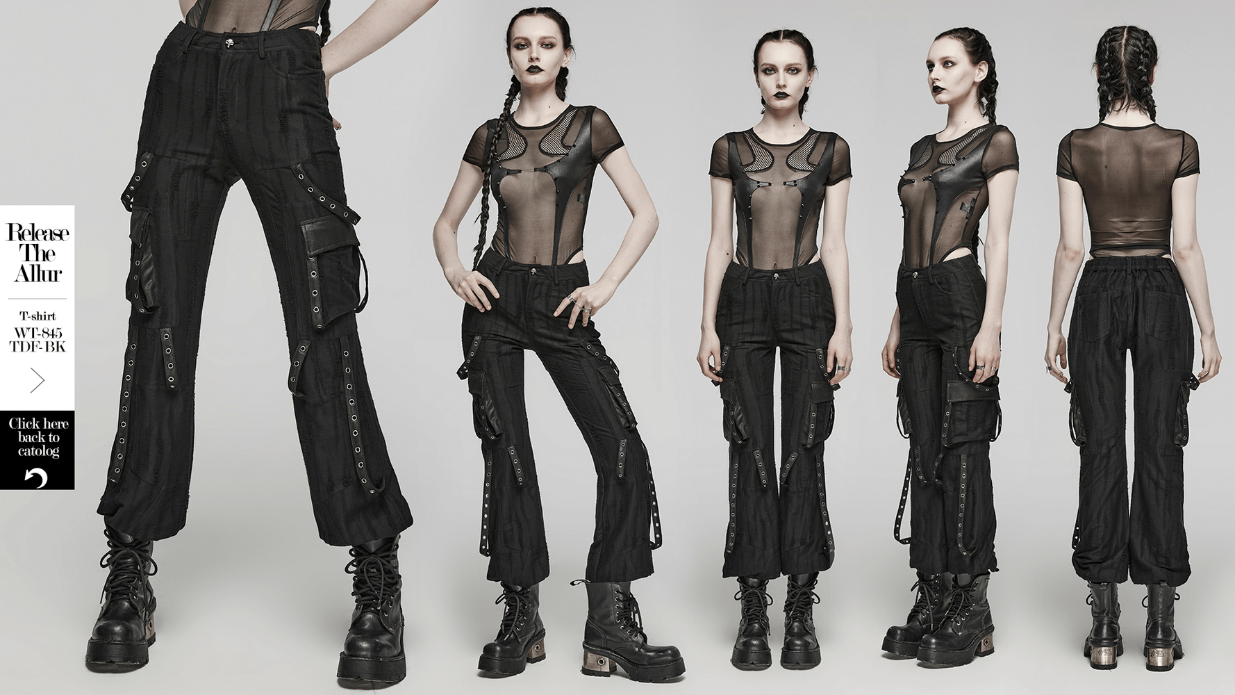 Loose-fit black gothic cargo pants with decayed texture and eyelet details, styled with a mesh top and combat boots.