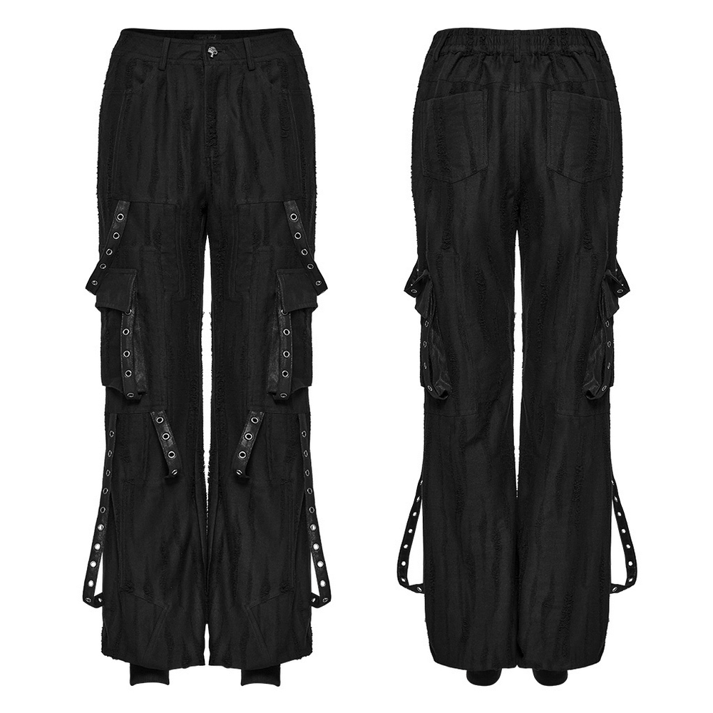 Loose-fit black gothic cargo pants with o-ring details and decayed texture, featuring eyelet webbing design.