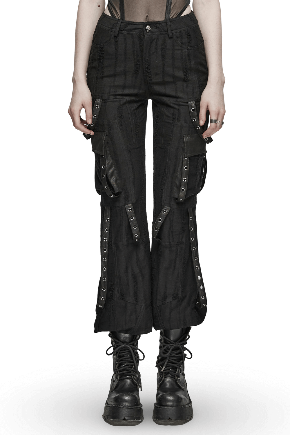 Loose-fit black gothic cargo pants with o-ring details and textured fabric for edgy streetwear style.