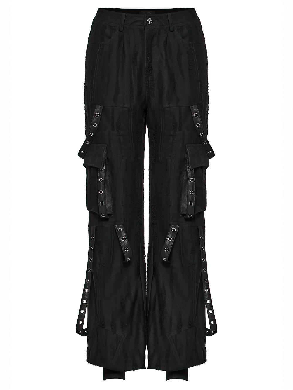 Loose-fit black gothic cargo pants with o-rings and decayed texture for a unique dark streetwear look.