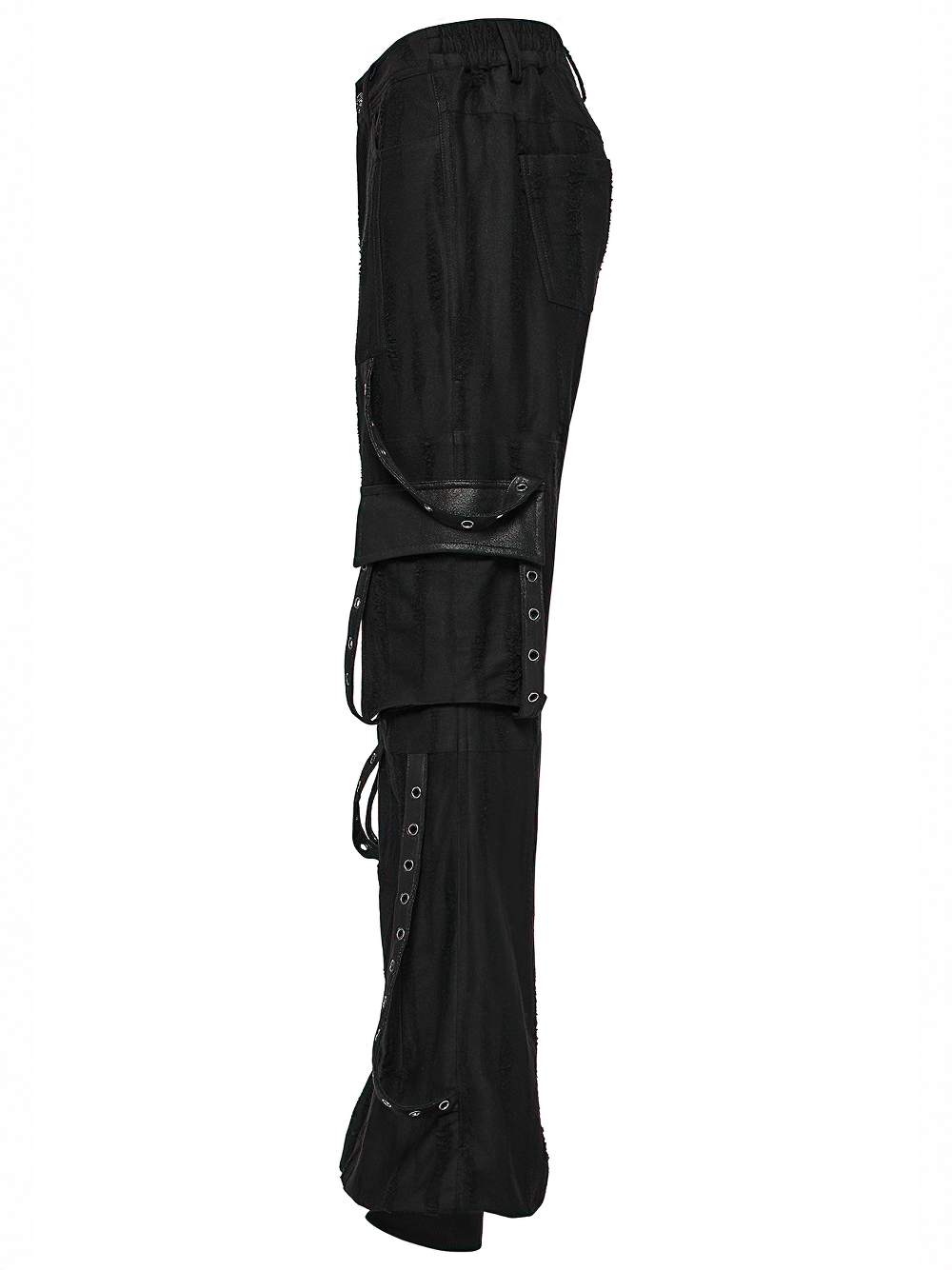 Loose-fit black gothic cargo pants with o-ring details and decayed texture, perfect for edgy streetwear style.
