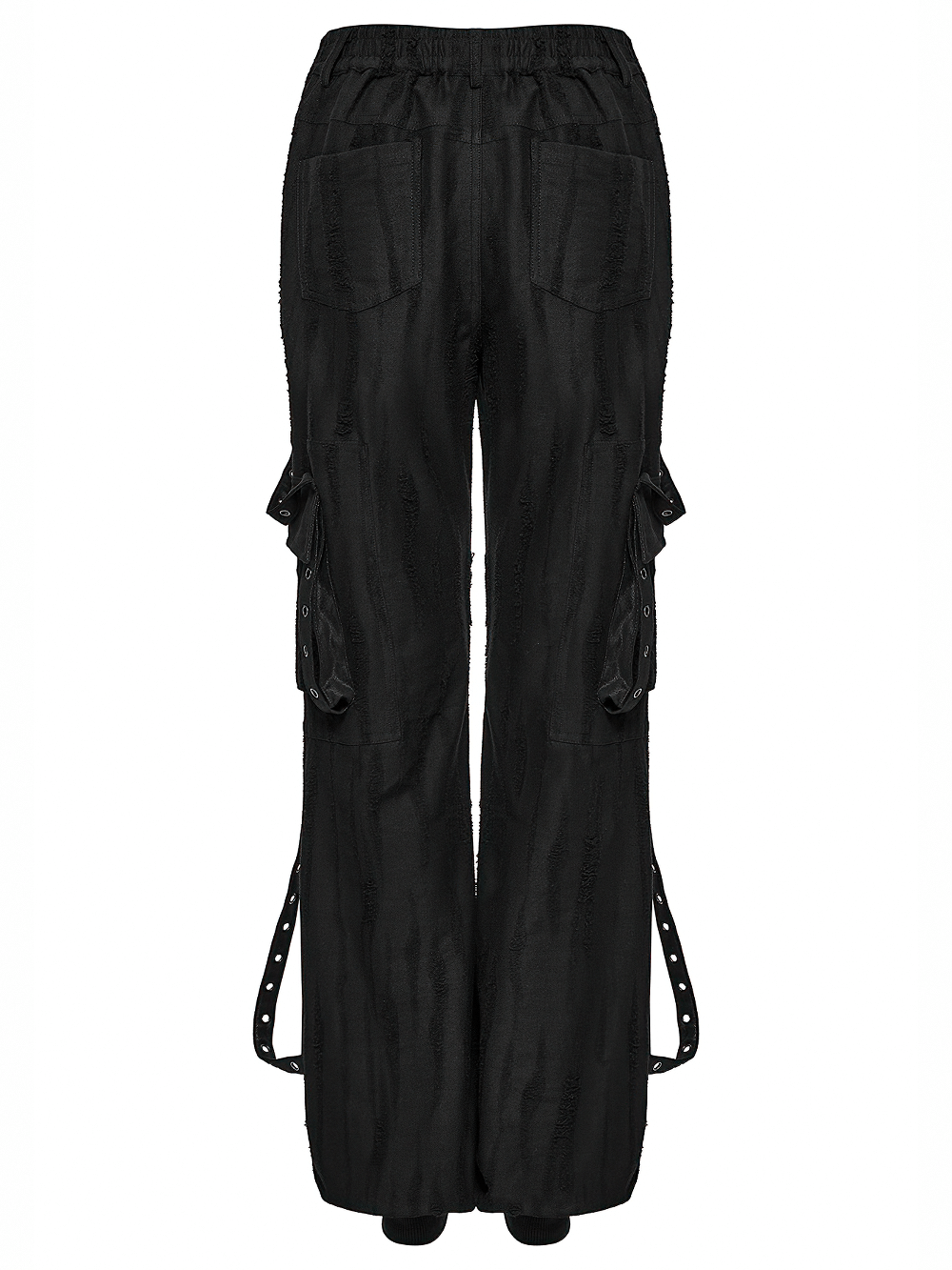Back view of loose-fit black gothic cargo pants with textured fabric and edgy o-ring details.