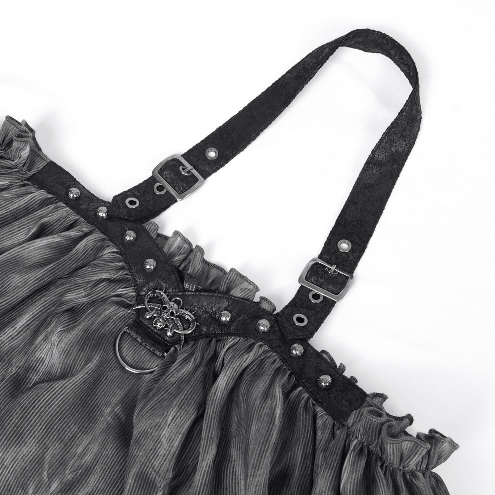 Dark off-shoulder top featuring metal accents and buckled straps, perfect for edgy gothic fashion.