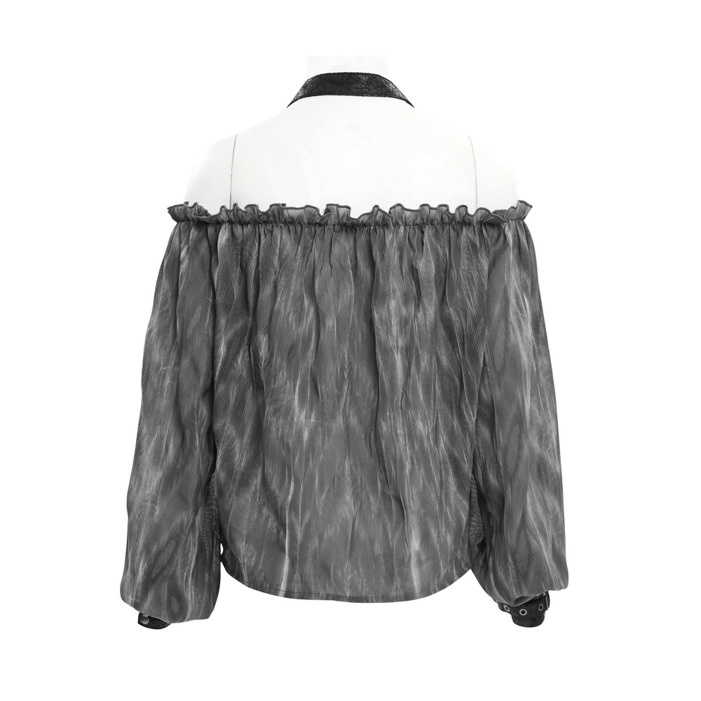 Dark off-shoulder top with ruffled neckline and flowing sleeves, showcasing gothic elegance and adjustable buckled straps.