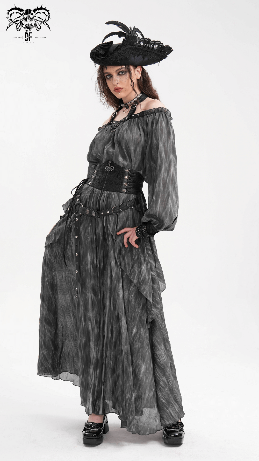 Dark flowy off-shoulder dress with a hat and gothic detailing, perfect for stylish, edgy looks.