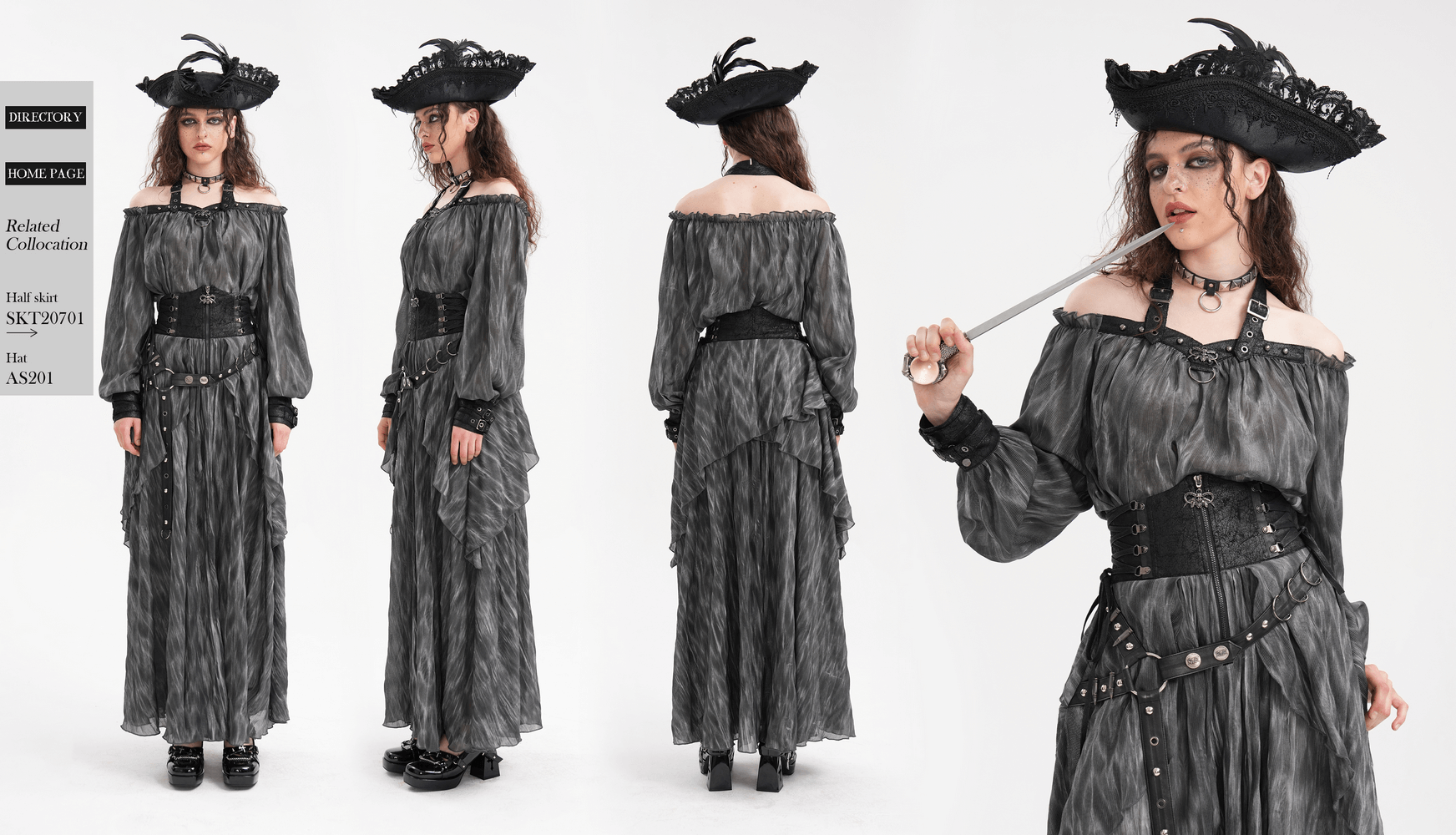 Dark gothic off-shoulder dress with a flowing silhouette, buckled waist and dramatic wide-brimmed hat. Perfect for edgy styles.