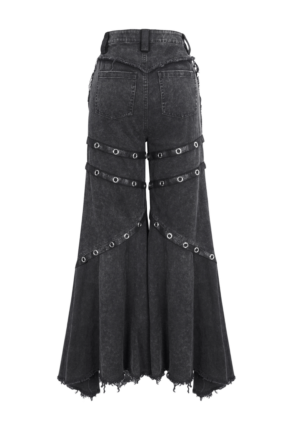 Back view of loose punk eyelets long flared pants with dramatic flares and button closures, perfect for gothic fashion.