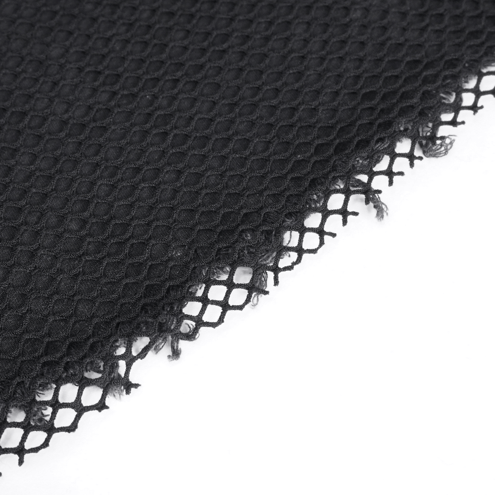 Close-up of black mesh fabric showcasing punk style, perfect for edgy clothing designs or gothic-inspired outfits.