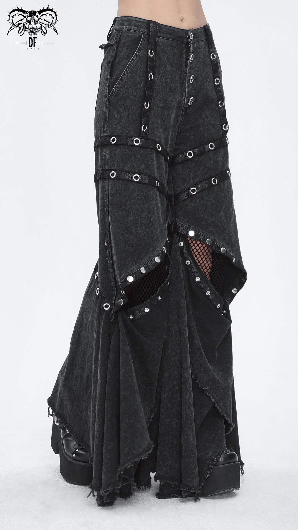 Gothic flared pants with eyelets and button closures for a punk rock look, featuring wide-legged design and dramatic flair.