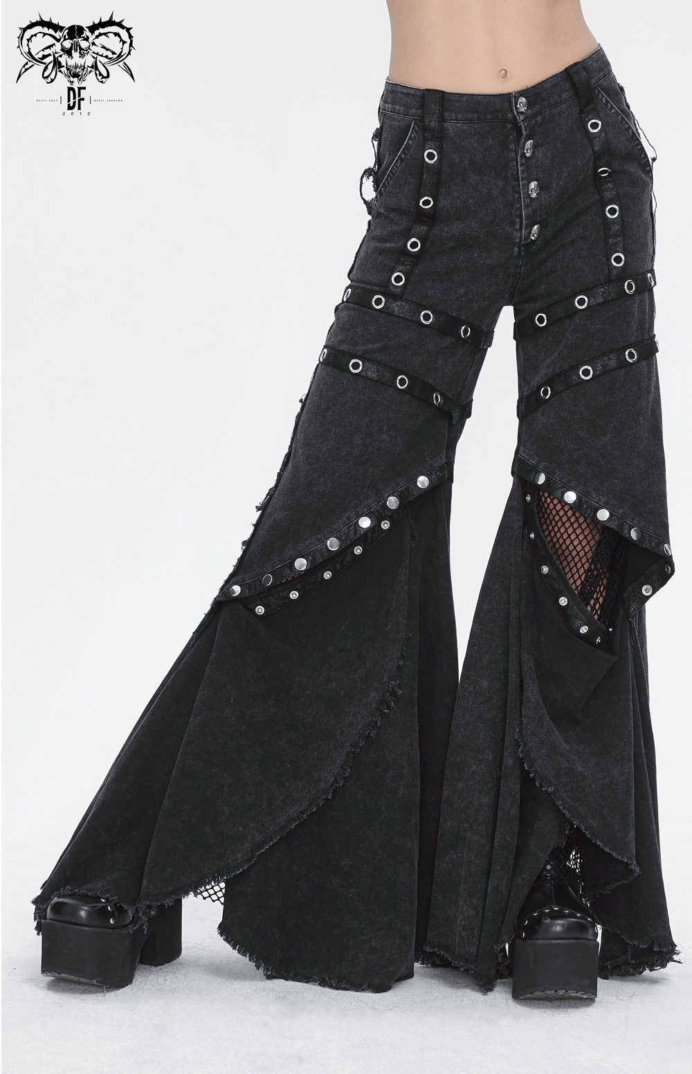 Loose punk eyelet long flared pants for women, featuring a dramatic cut and gothic style with buttons.