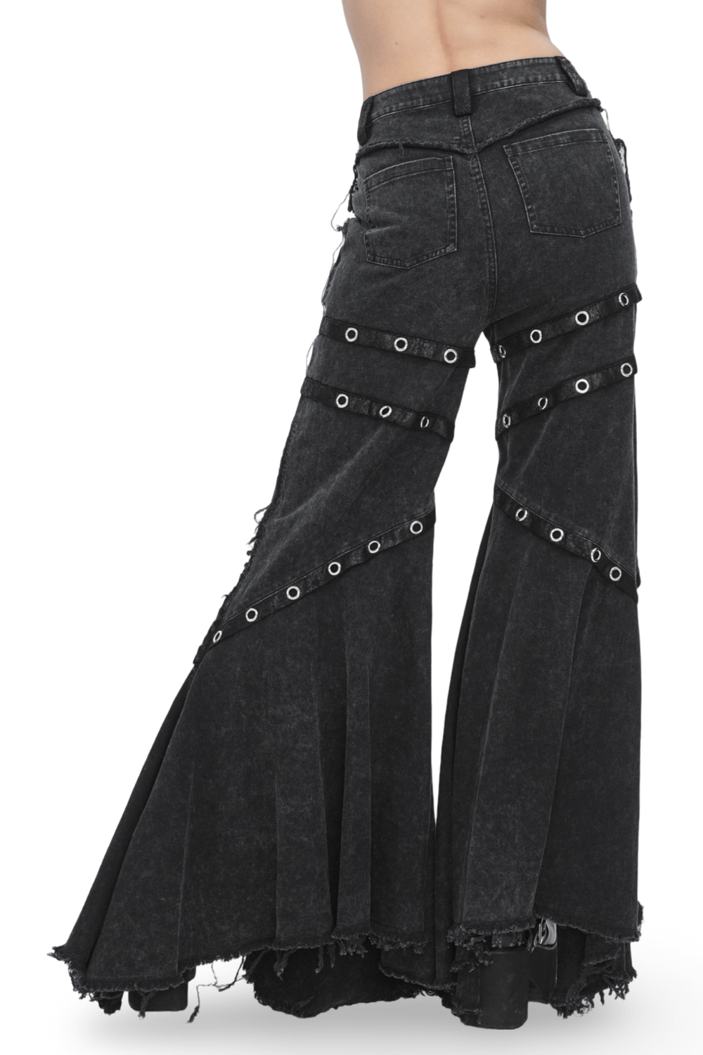 Loose punk eyelets long flared pants for women with a dramatic gothic style and irregular flared design.