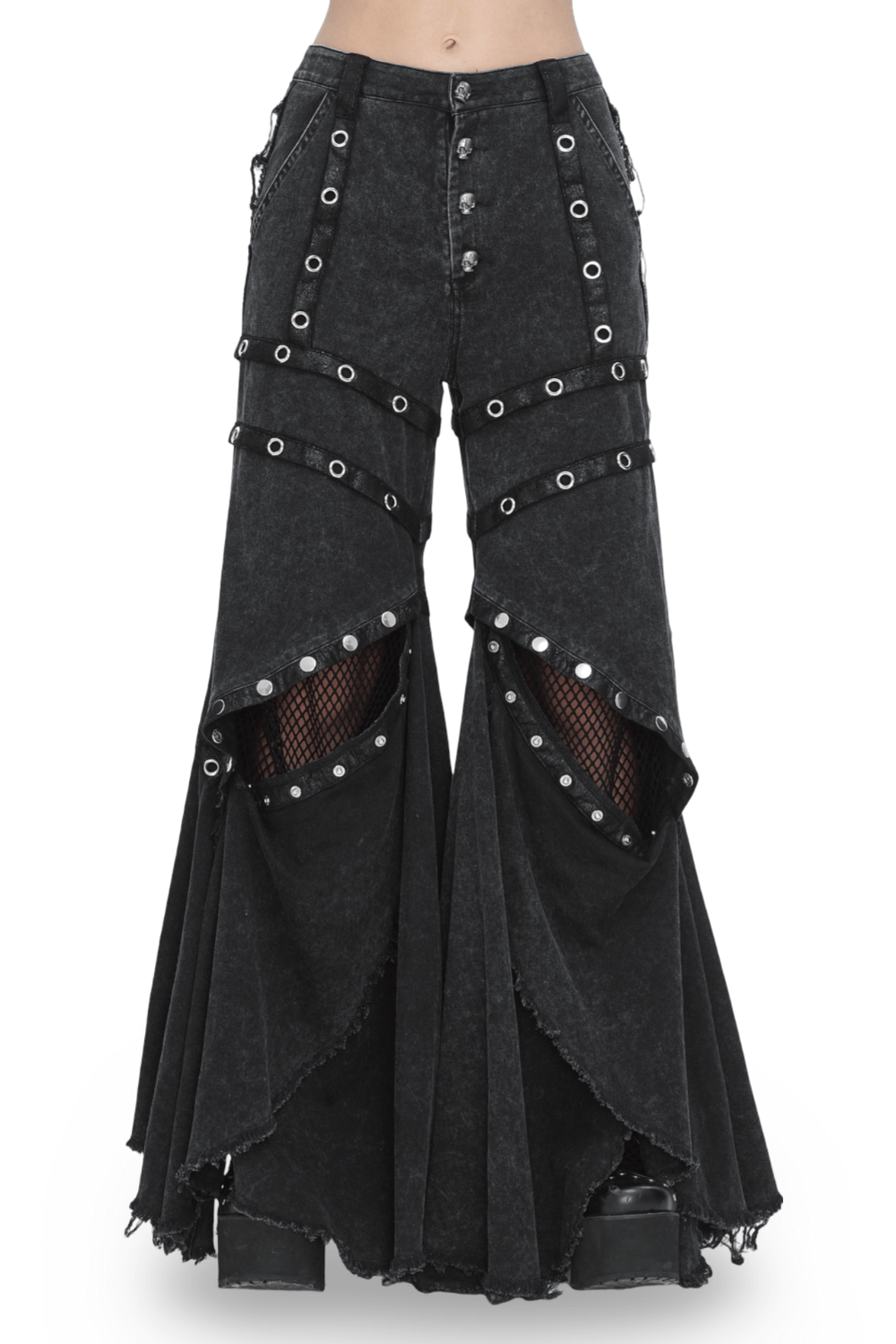 Loose punk eyelets long flared pants for women with dramatic cutouts and gothic flair.