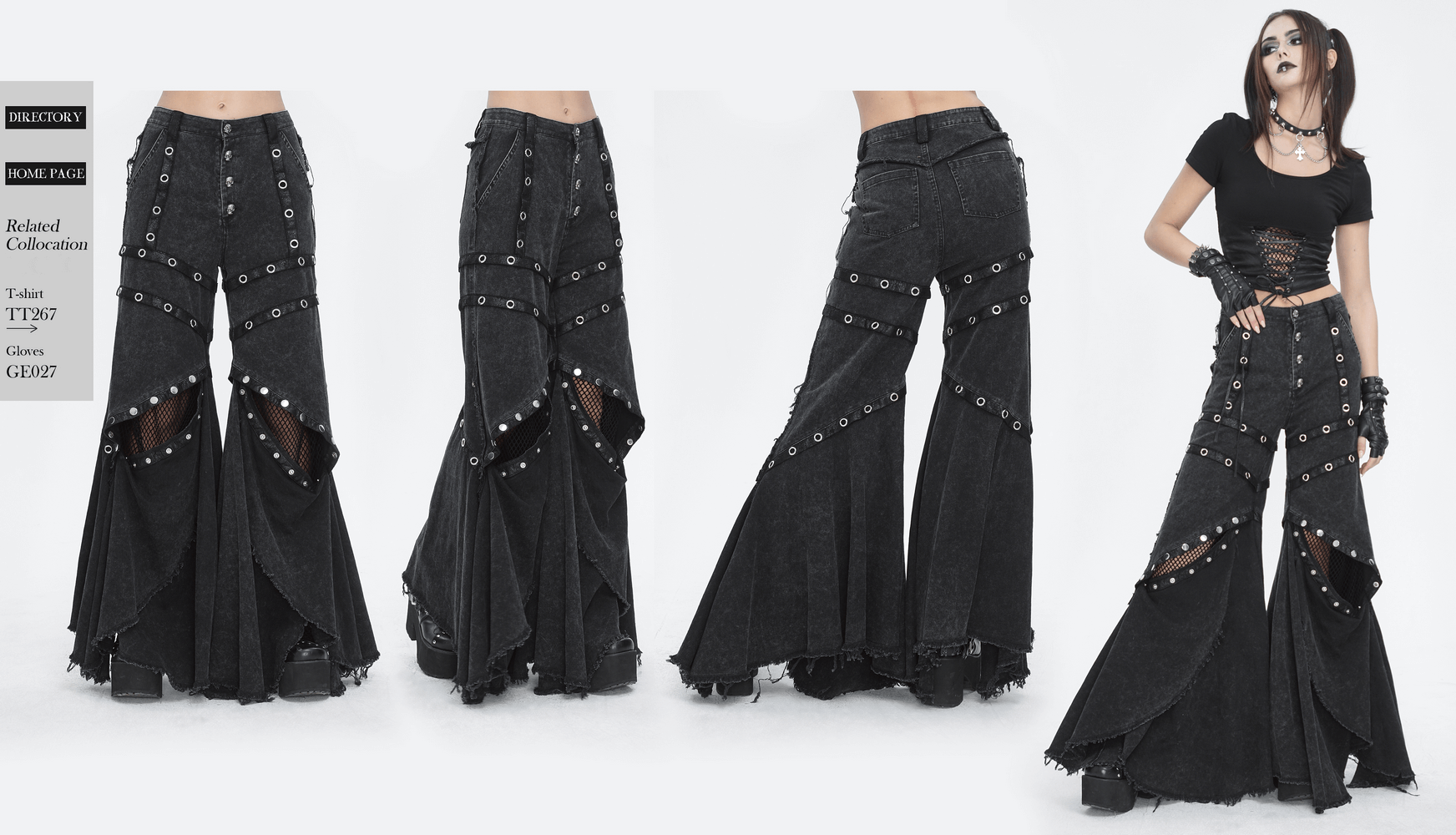 Gothic loose flared pants for women featuring eyelets and buttons, perfect for a punk rock look.