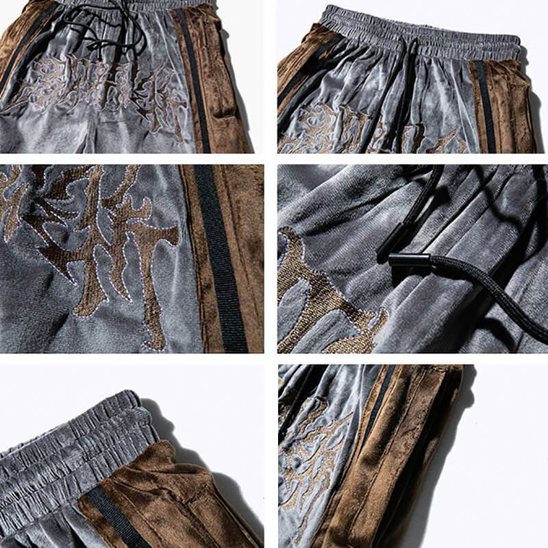 Men's loose shorts with drawstring, featuring stylish contrast color embroidery for a fashionable casual look.