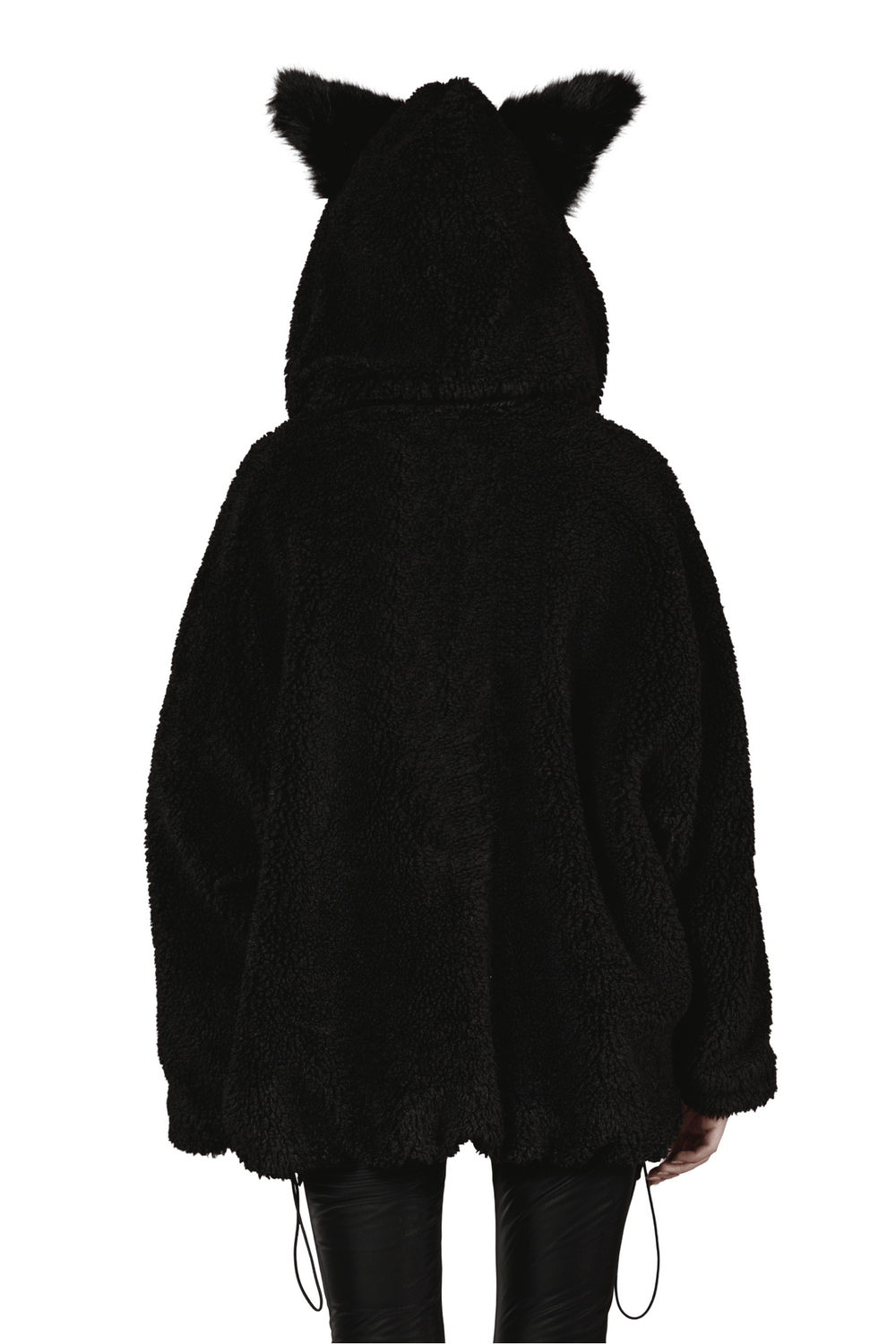 Back view of a loose warm black fox ear hooded jacket for women, showcasing fluffy fabric and cute ear details.