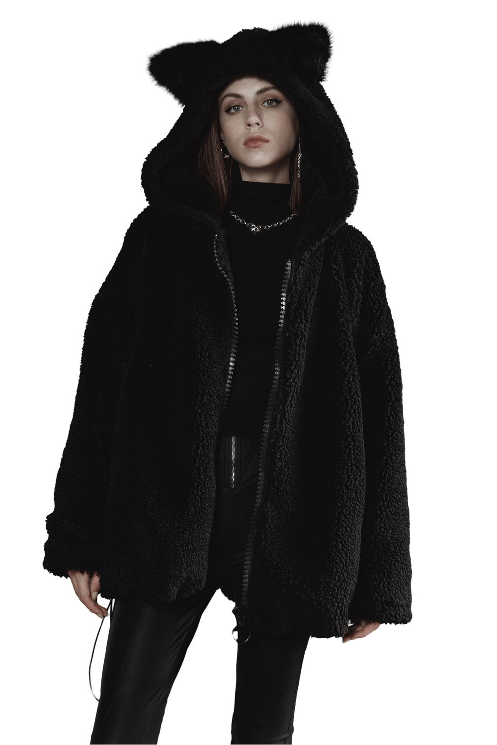 Loose warm black fox ear hooded jacket with zipper for women, cozy and stylish for the chilly days.