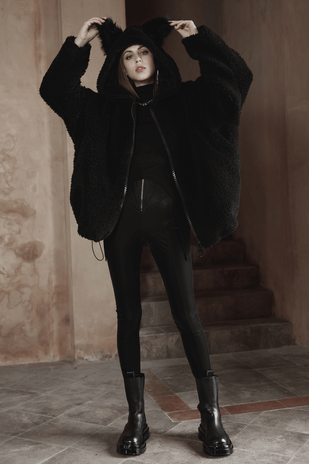 Loose warm black fox ear hooded jacket with zipper, perfect for winter wear and cozy aesthetics.