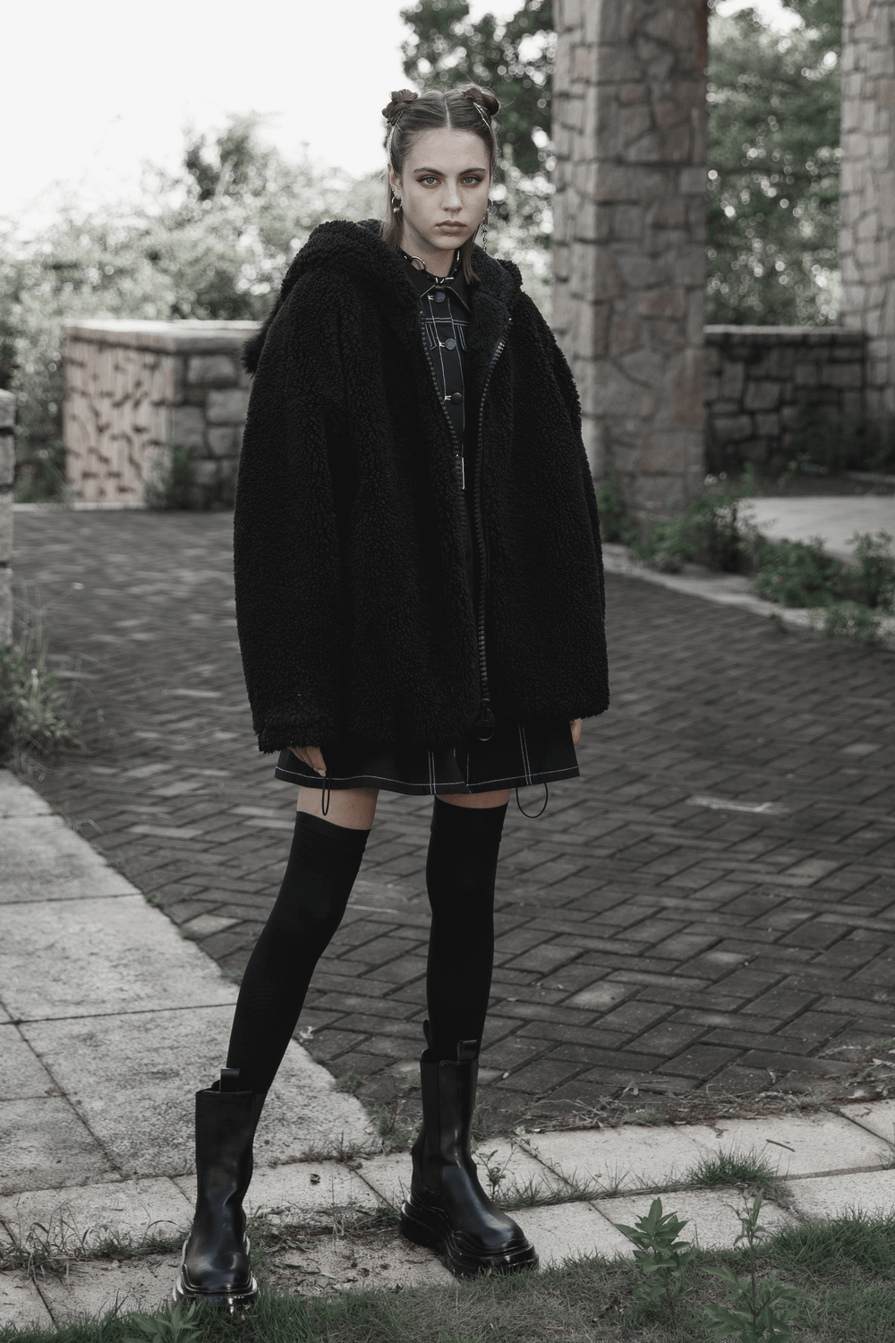 Loose warm fox ear hooded jacket for women, featuring a fluffy design and stylish zipper detail.