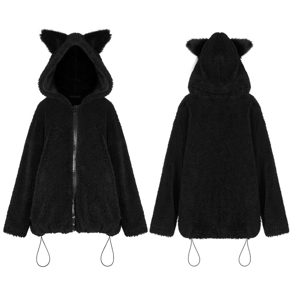 Loose warm black fox ear hooded jacket with zipper for women, featuring fluffy texture and adjustable hem.
