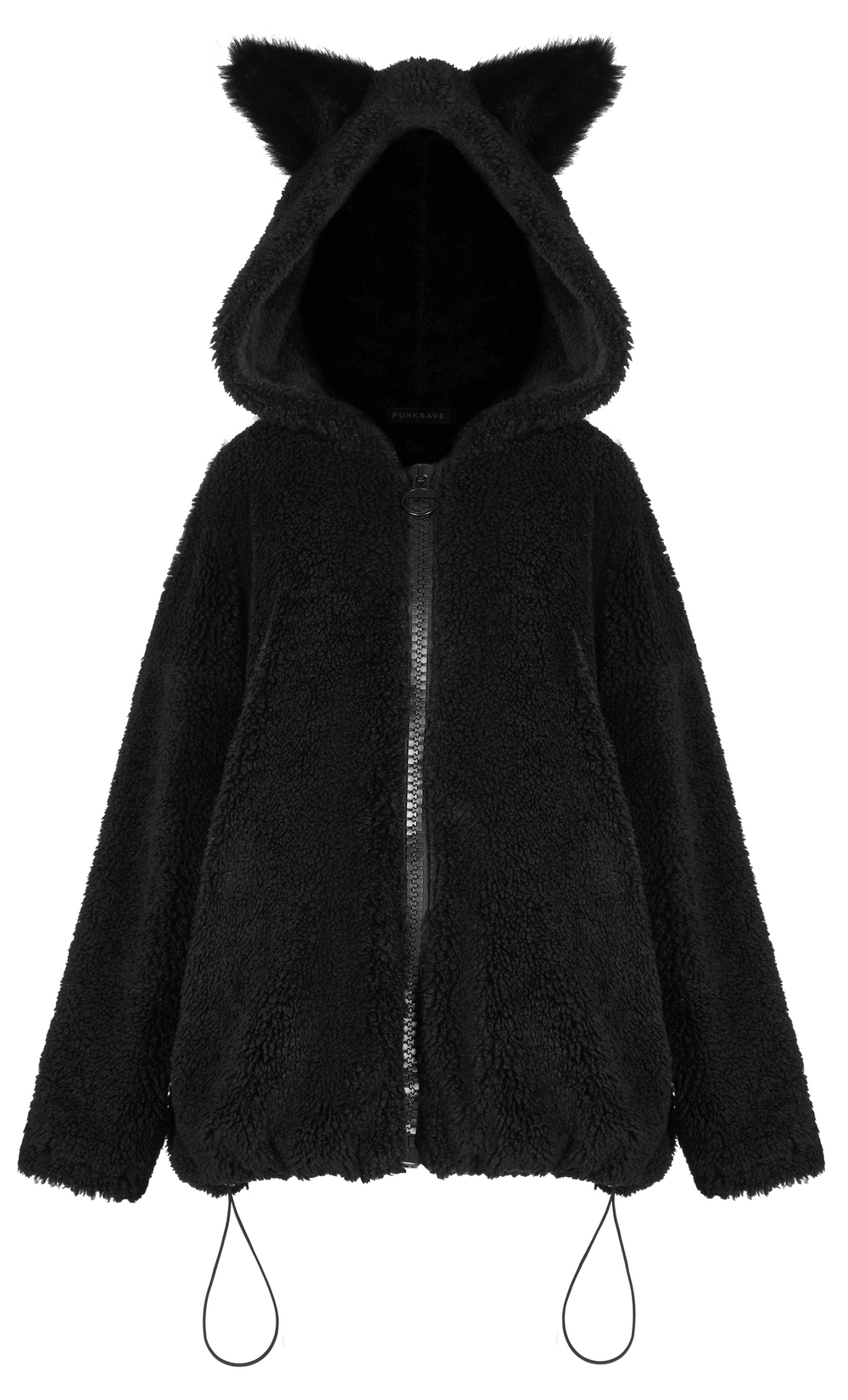 Warm loose black fox ear hooded jacket with zipper for women, featuring fluffy material and adjustable rubber drawcord.