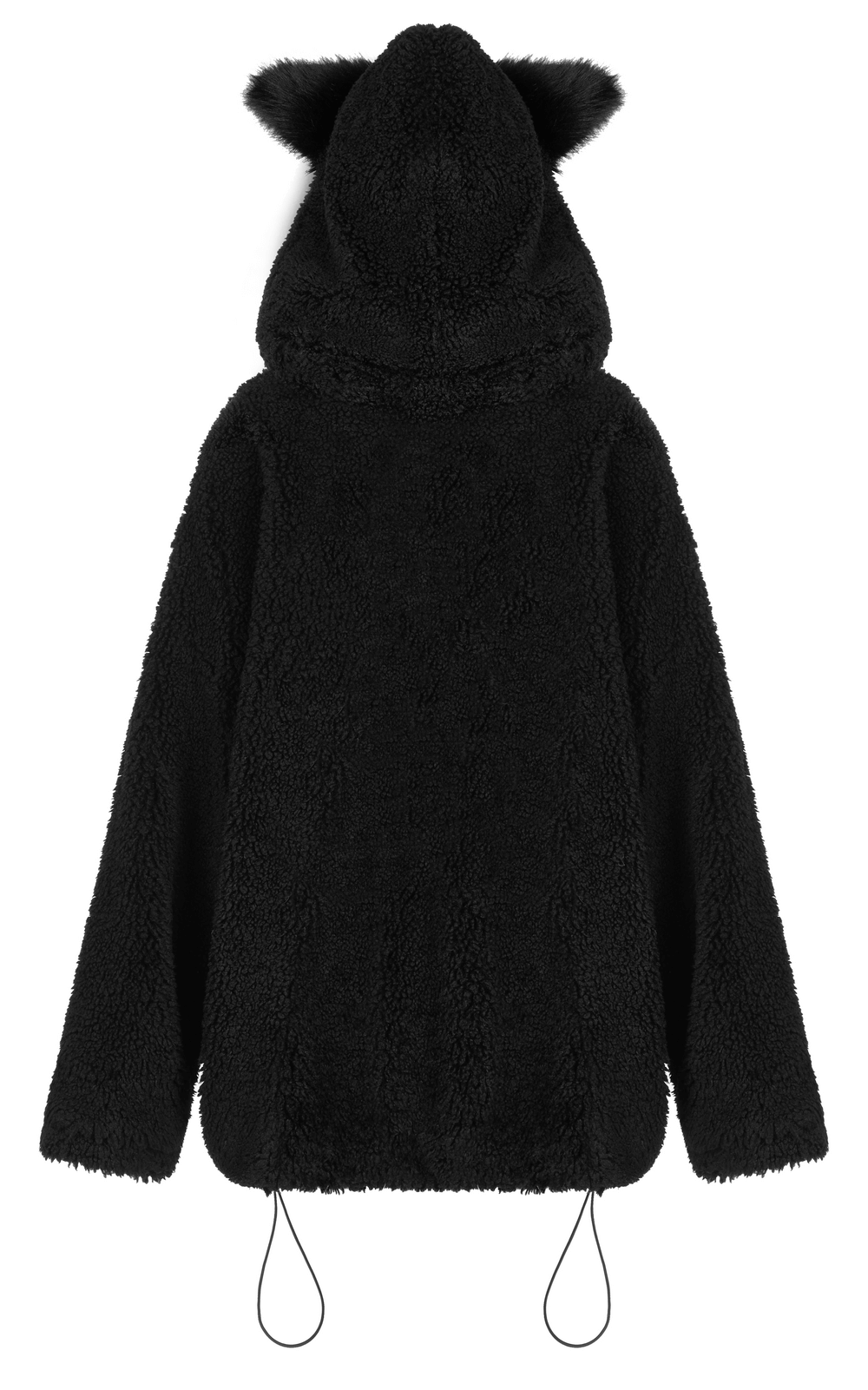 Back view of a loose warm black fox ear hooded jacket with fluffy texture and adjustable hem for women.
