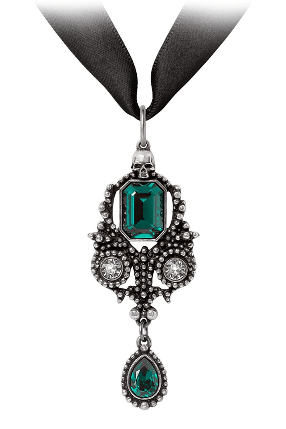 Lost Jewels of Paris Gothic Pendant with Green Crystals featuring intricate detailing and a skull crown.