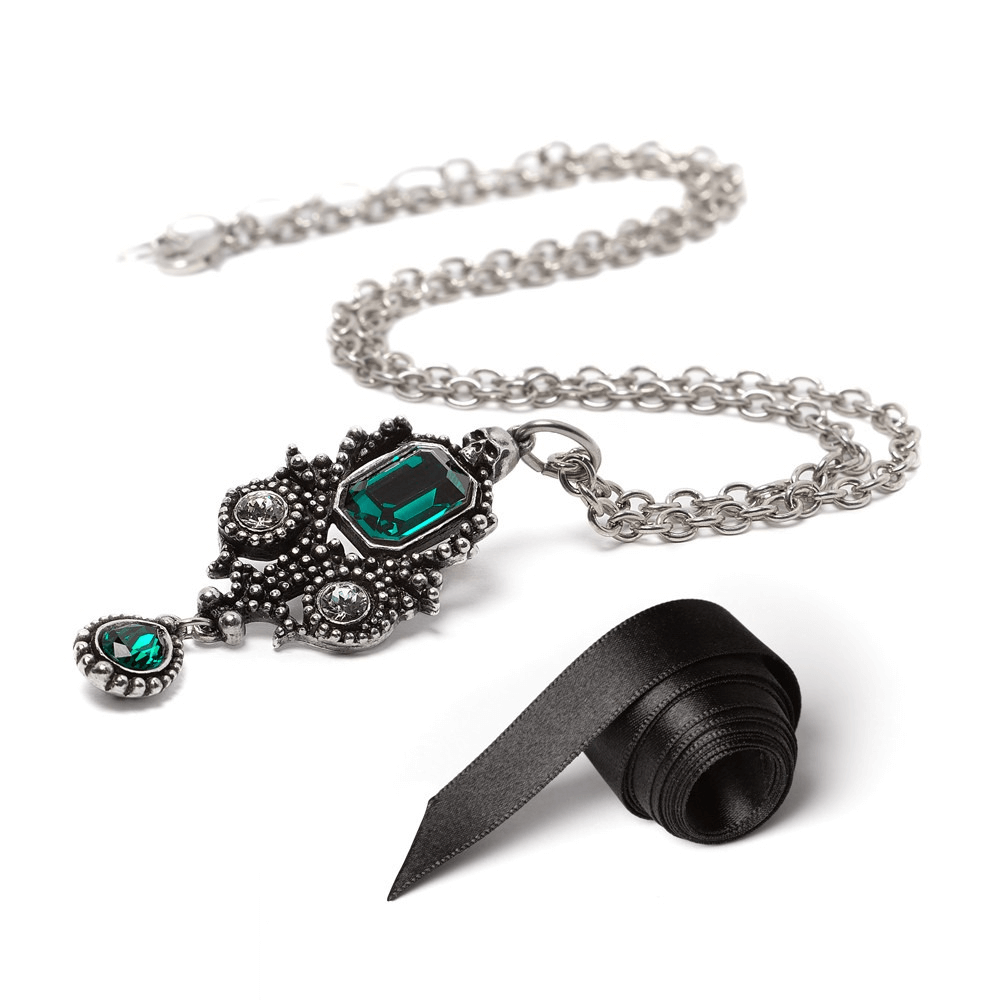 Lost Jewels of Paris Gothic Pendant with Green Crystals featuring intricate design and lush green gems on a silver chain.