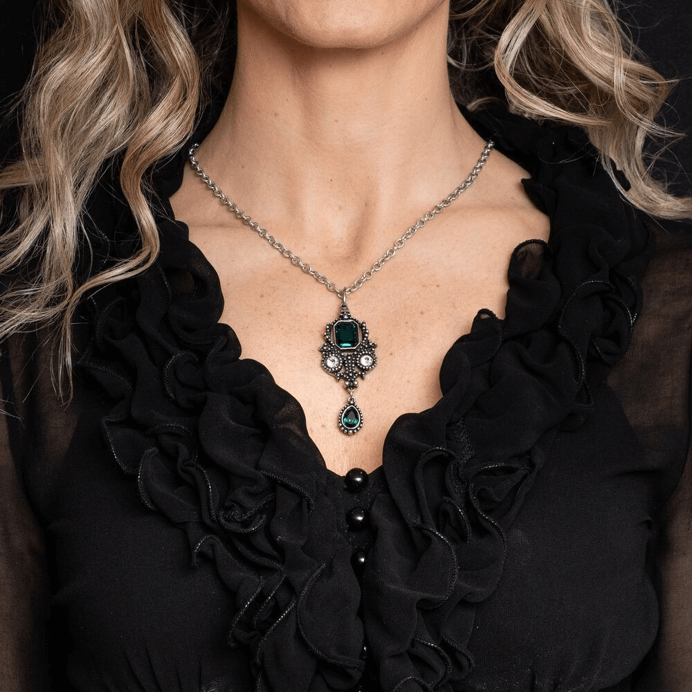 Lost Jewels of Paris Gothic Pendant with Green Crystals worn by model, showcasing intricate design and elegance.