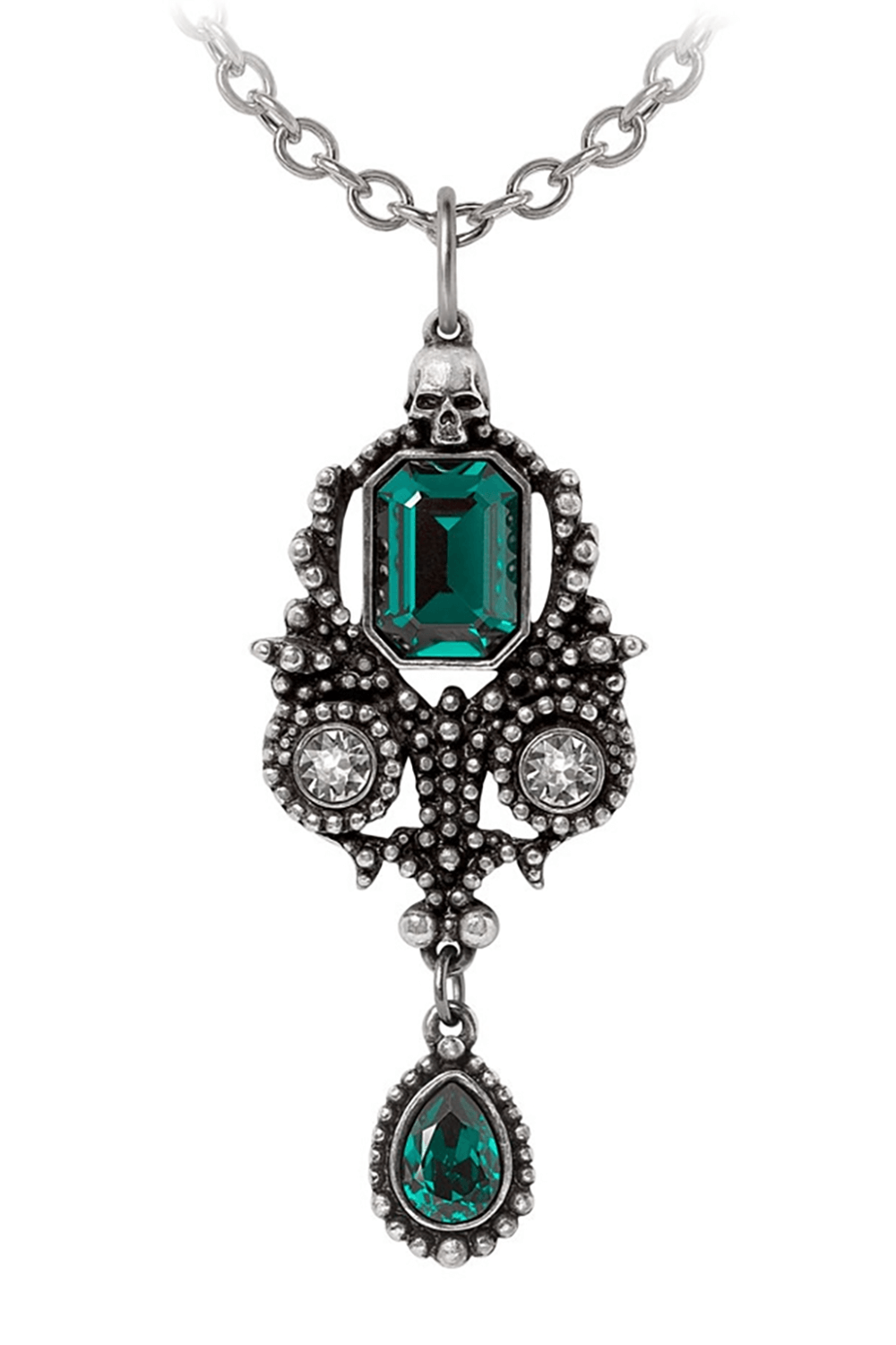 Lost Jewels of Paris Gothic Pendant with Green Crystals featuring a skull and green Austrian crystals.
