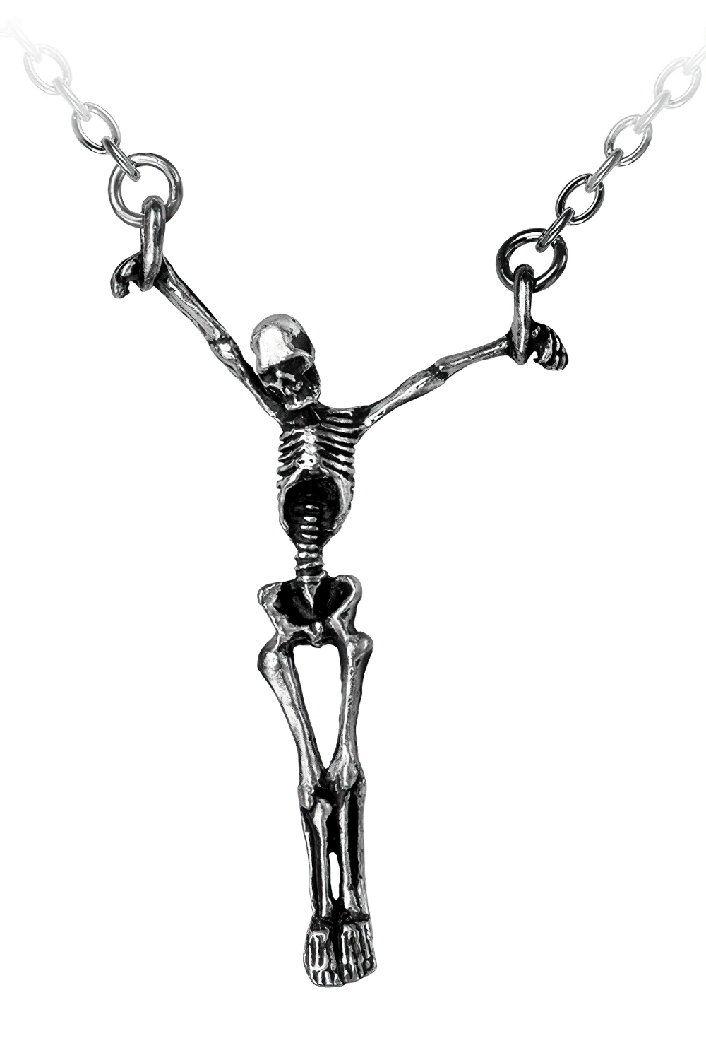 Lost Soul Skeleton Pendant on chain, featuring a macabre design of a shackled skeleton in polished pewter.