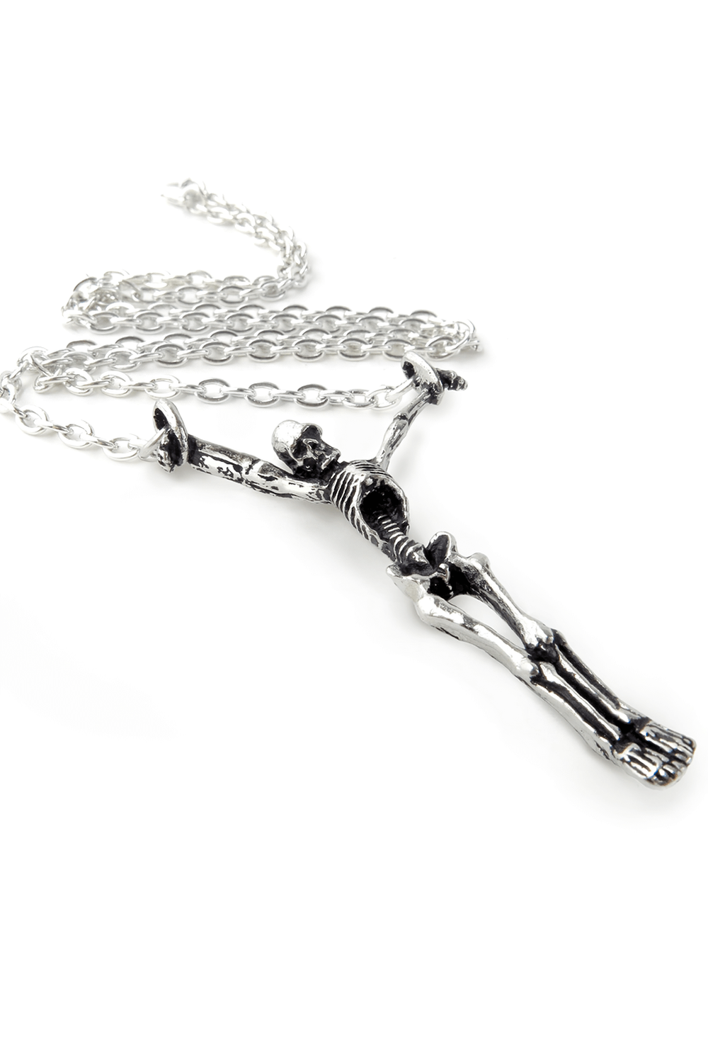 Lost Soul Skeleton Pendant with Shackled Chain on a silver chain, perfect for gothic and horror-inspired jewelry lovers.