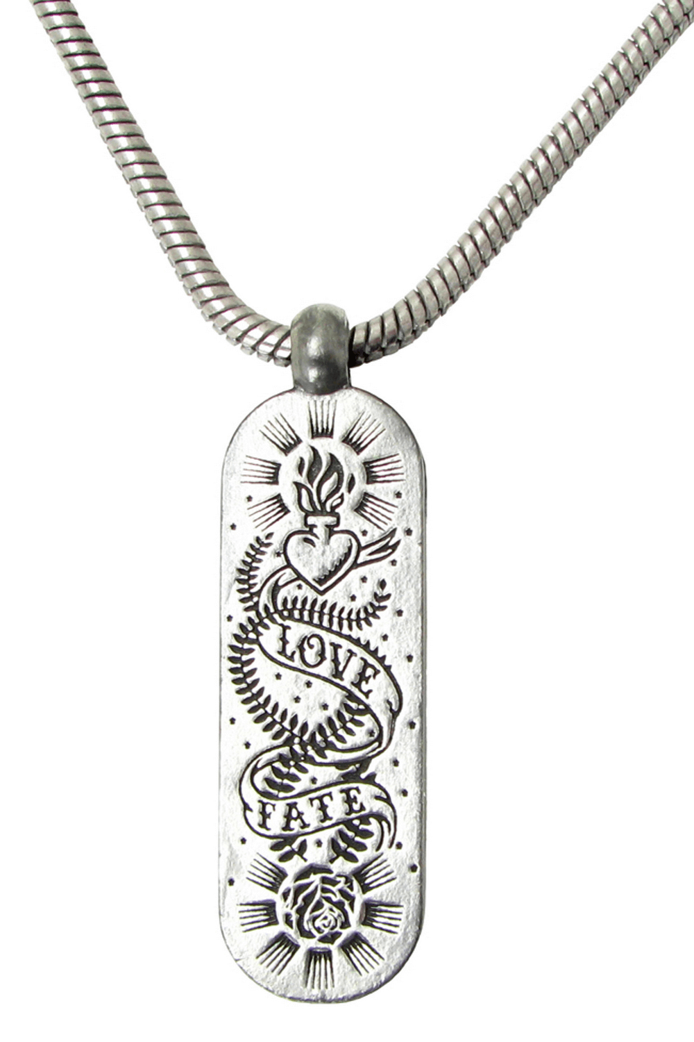 Love and Fate Pendant Necklace with Engraved Symbols showcasing gothic design with sacred heart and rose.