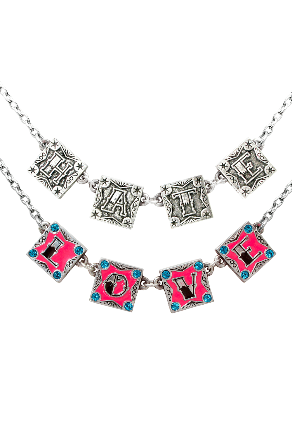 Love and Hate Necklace with Swarovski Crystals and Enamel showcasing articulated blocks with vibrant colors and sparkling crystals.