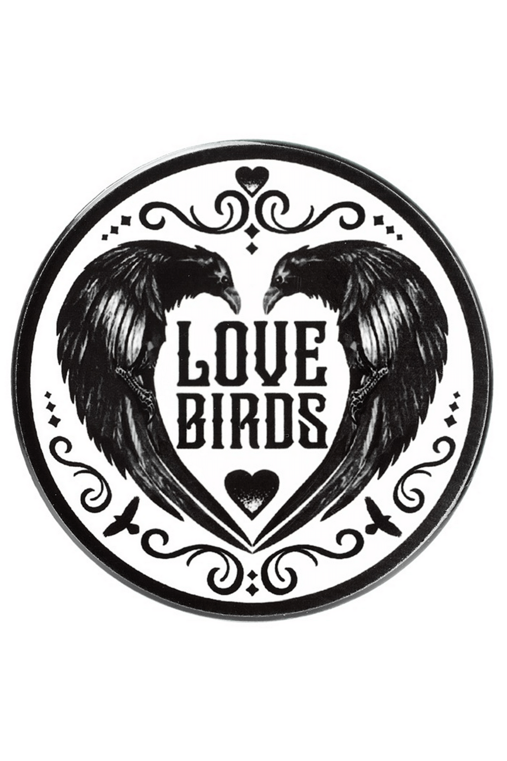Gothic Love Birds coaster featuring ravens forming a heart with the word 'Love Birds' in bold lettering.