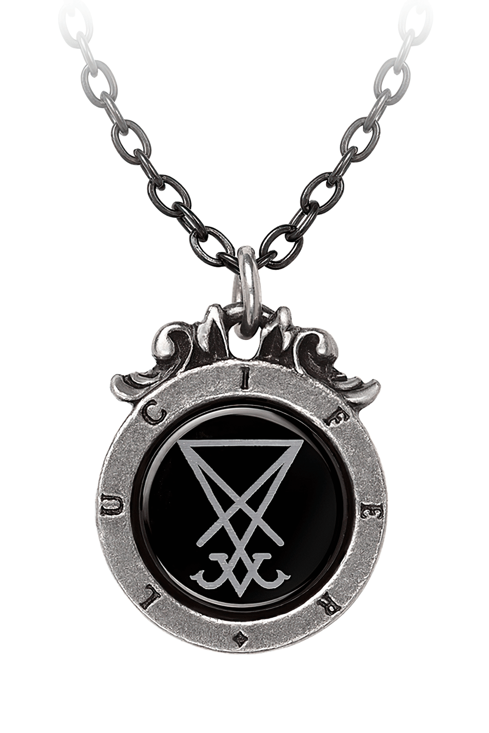 Lucifer's Seal Pendant featuring a Gothic occult symbol, engraved in fine pewter with a striking black background.