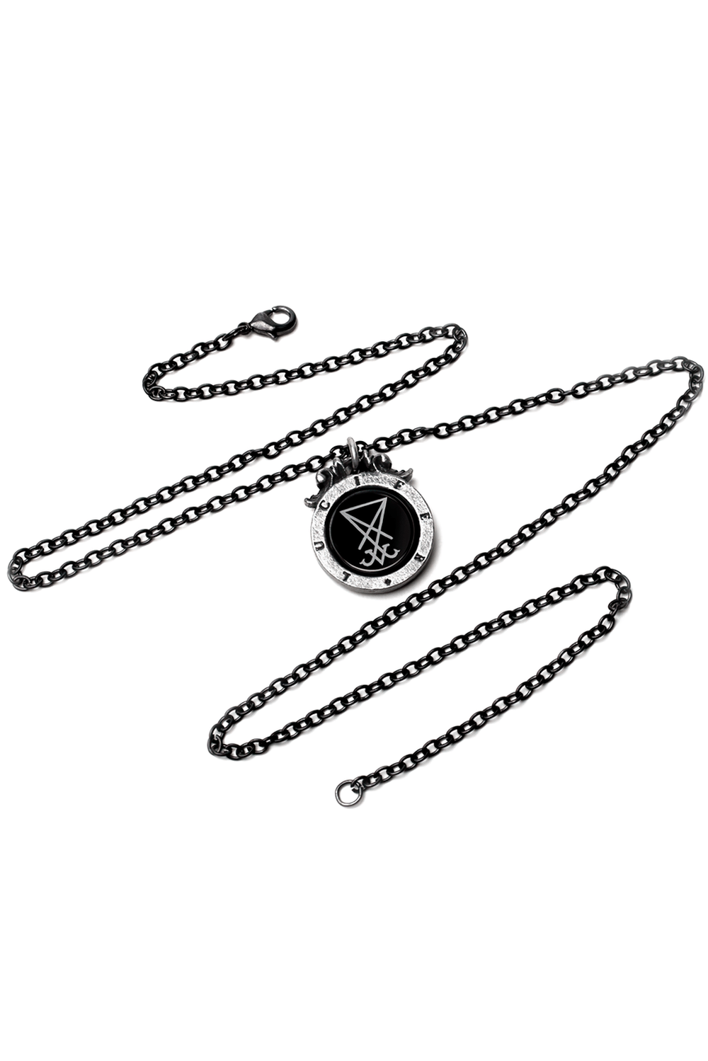 Lucifer's Seal Pendant with occult symbol, featuring intricate engravings on a black chain necklace.