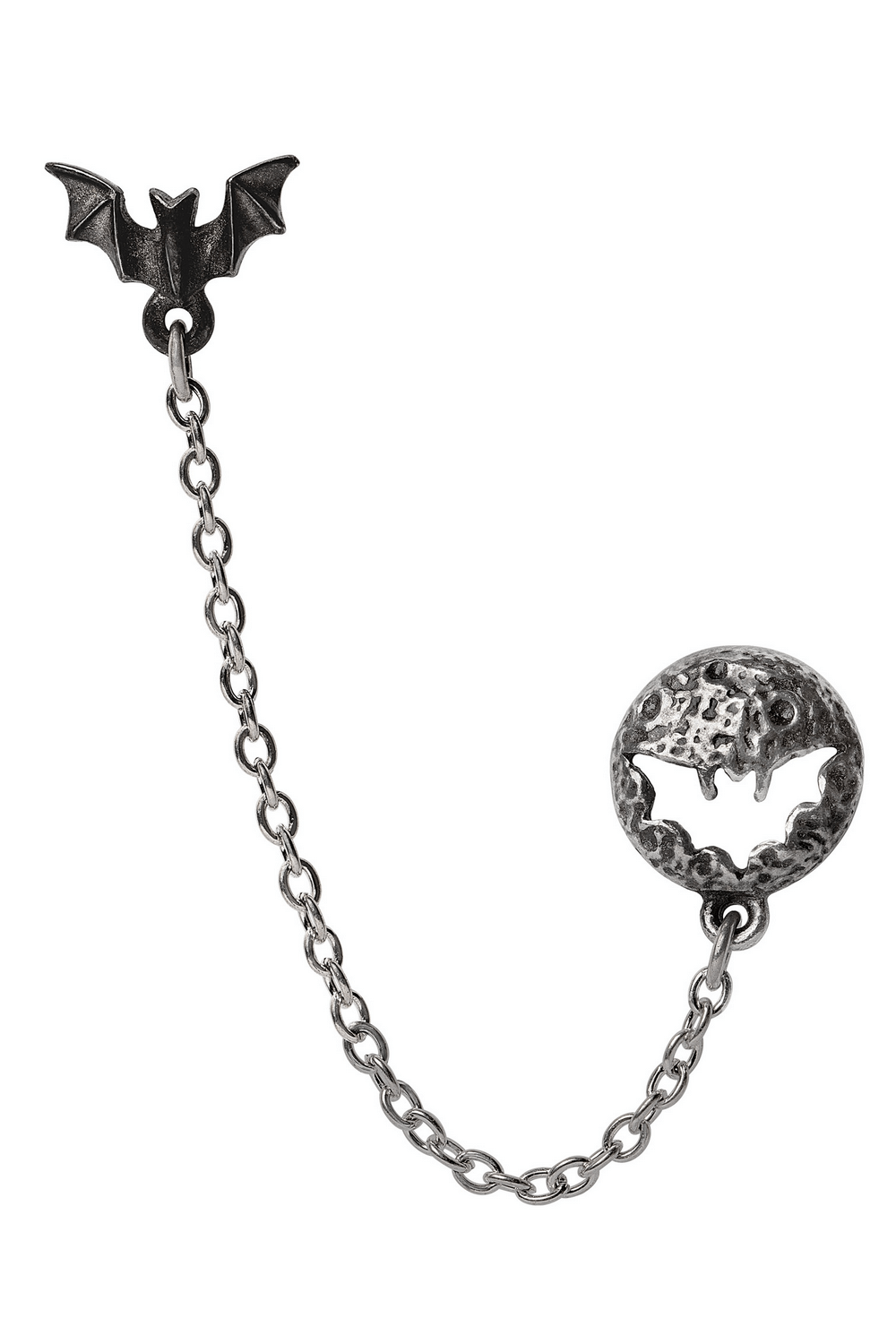 Gothic Luna Roost moon and bat chain earring in antiqued pewter for multiple piercings, perfect for a mystical look.
