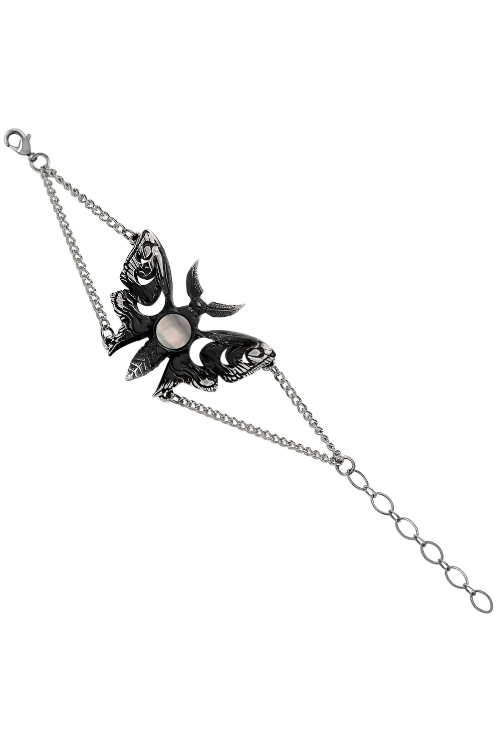 Lunar Moth Bracelet with Mother of Pearl and Moon Phases featuring intricate moon phase cut-outs.