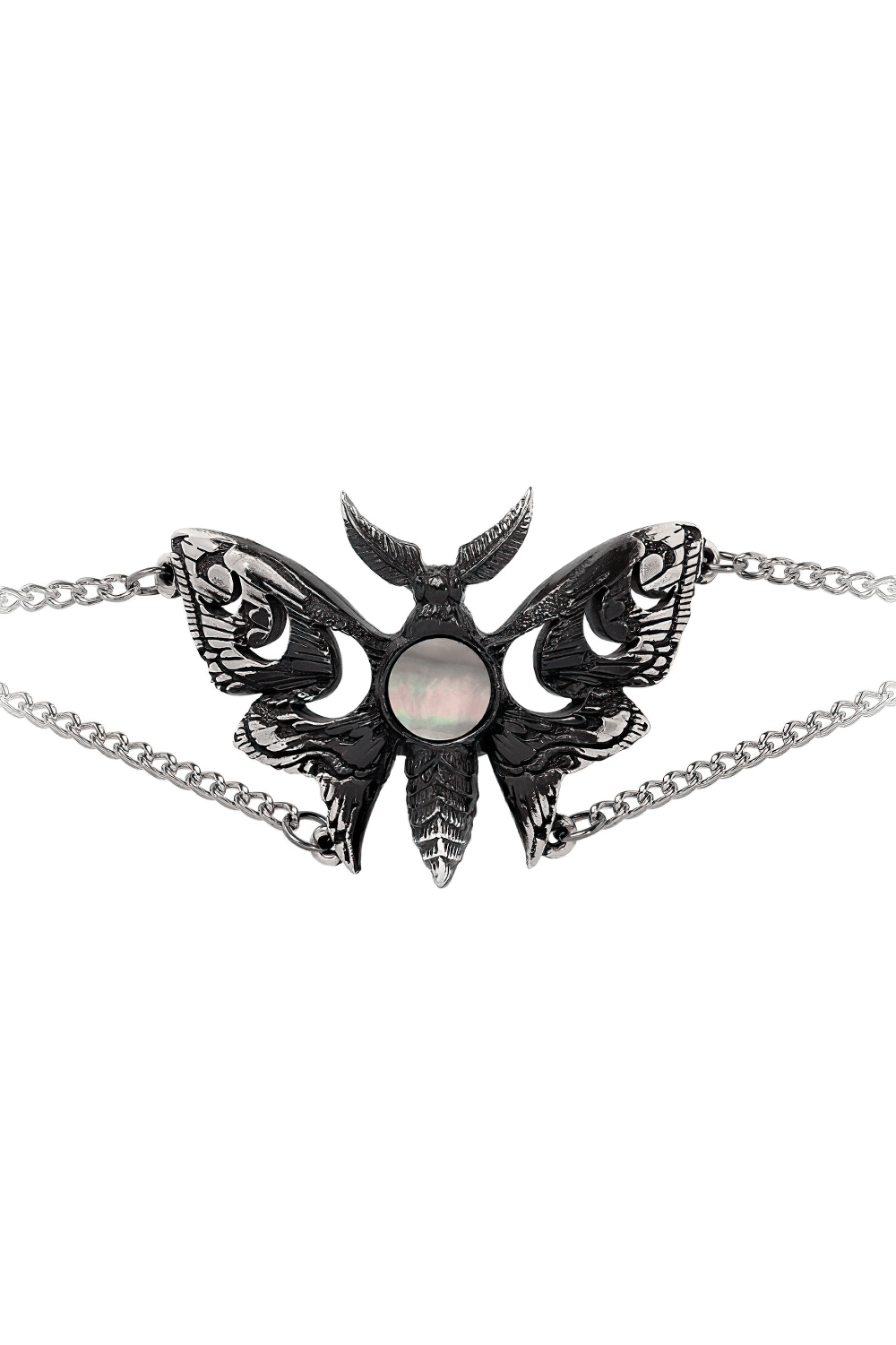 Lunar Moth Bracelet with Mother of Pearl and Moon Phases showcasing intricate design and celestial beauty.